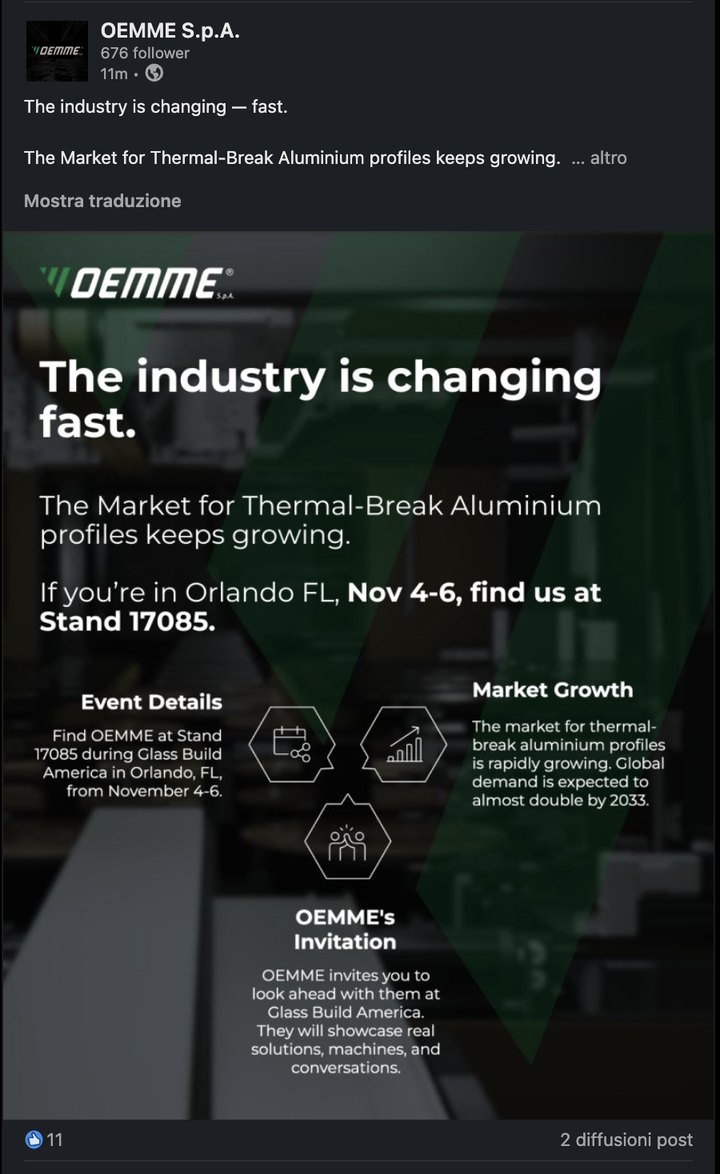 Post LinkedIn di OEMME: invito allo stand 17085 di Glass Build America
