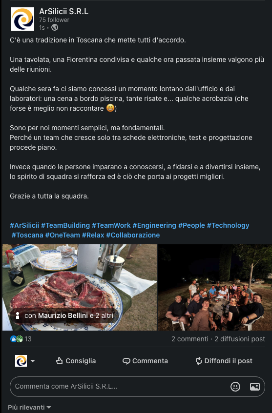Post LinkedIn della pagina aziendale ArSilicii — serata di team building del team