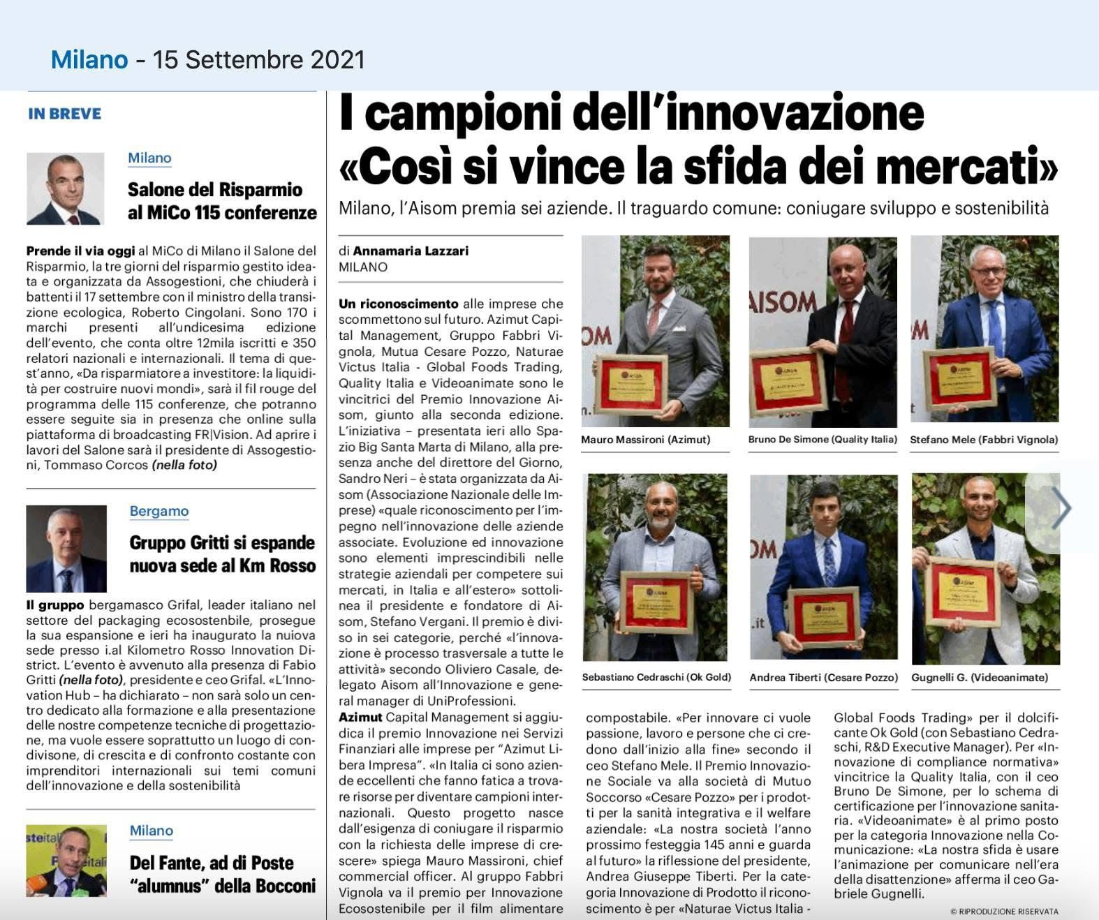 Articolo Il Giorno — Premio Innovazione AISOM