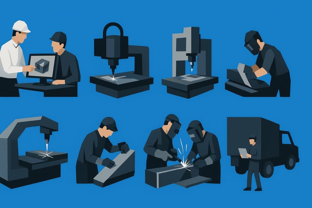 Illustrazione low-poly delle fasi della filiera manifatturiera: progettazione CAD condivisa, lavorazione CNC, collaudo, saldatura e spedizione del componente