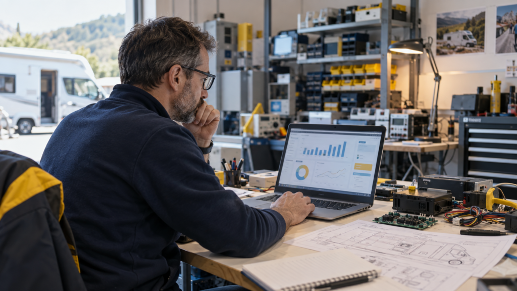 Responsabile marketing in un'azienda di elettronica industriale mentre analizza i risultati di una newsletter B2B