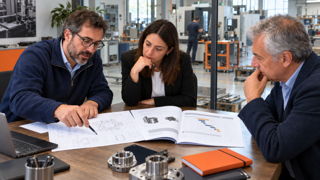 Responsabile tecnico, acquisti e titolare valutano un'offerta commerciale per una fornitura industriale.