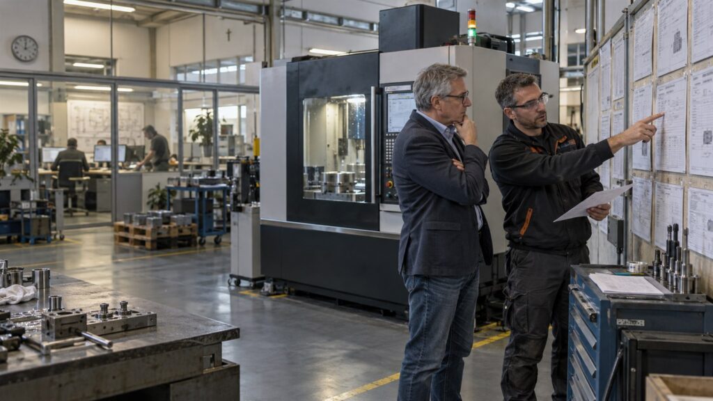 Titolare e tecnico confrontano procedure davanti a una macchina CNC durante un progetto di cambiamento organizzativo